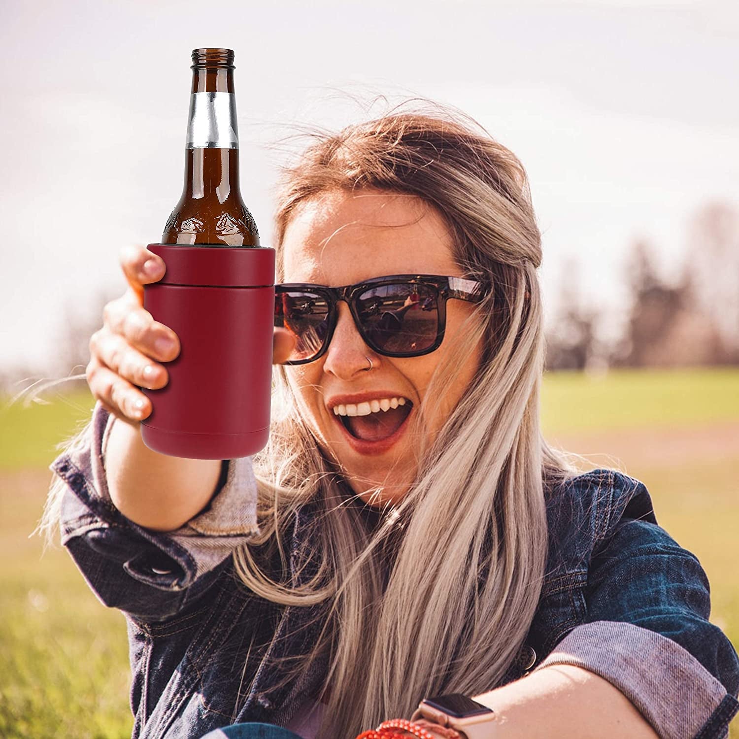 Stainless Steel 12Oz Vacuum Insulated Can and Bottle Cooler | Double Wall Can Cooler for Cans and Bottles | Copper Plated Can Chiller and Metal Cooler | Crimson Red
