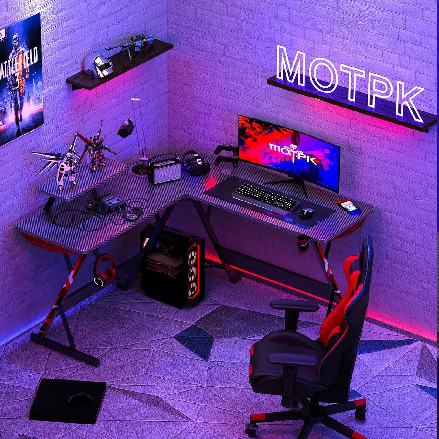 L Shaped Gaming Desk with Carbon Fiber Surface